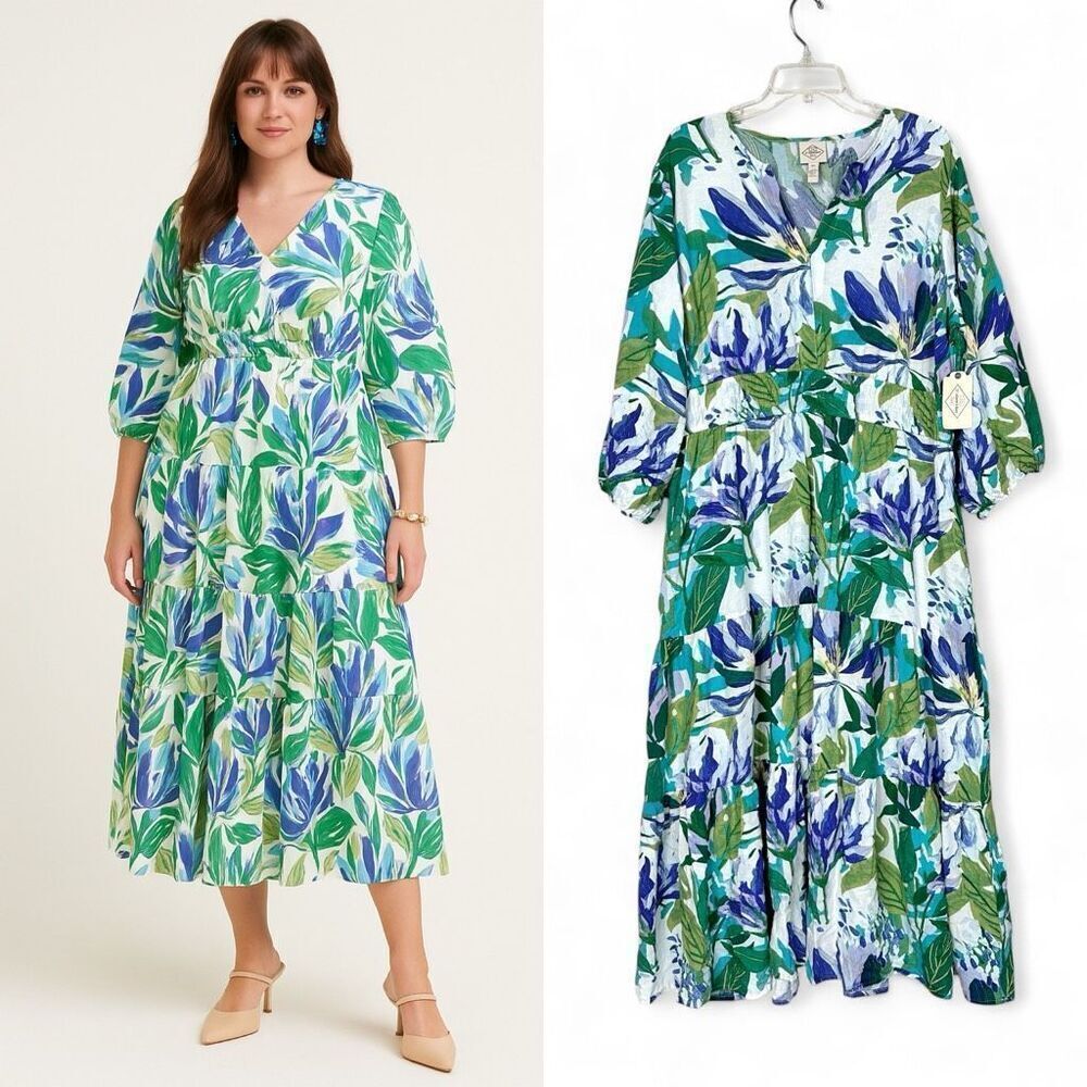 NWT St. John's Bay Long Sleeve Floral Plus Size Maxi Dress XXL Boho Tropical